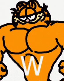 garfield is a cartoon character with muscles and the letter w written on his chest .