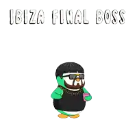 a cartoon penguin with a beard and sunglasses is holding a pink cup and says ibiza final boss