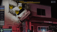 a video game screen shows a car crashing into a building