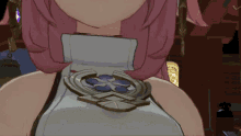 a close up of a cartoon character with pink hair and a purple flower on her chest