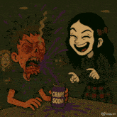 a cartoon of a girl laughing next to a boy holding a grape soda can