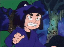 a cartoon character with a purple shirt and black hat is standing in a forest