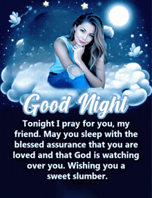 a picture of a woman sitting on a cloud with the words good night