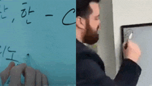 a man is writing on a white board with the letter c