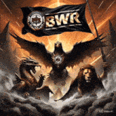 a painting of a dragon a lion and an eagle with a bwr flag