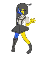 a drawing of a cartoon character wearing overalls and a black skirt .