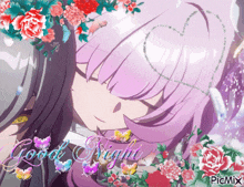 a picture of a girl sleeping with the words good night written on it