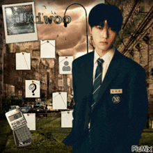 a man in a suit and tie is standing in front of a sign that says ' riwoo ' on it
