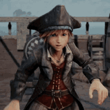 a cartoon character is wearing a pirate hat and standing on a deck .