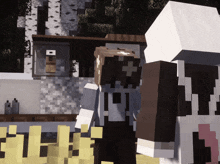 a couple of minecraft characters standing next to each other with one wearing a white shirt that says t.