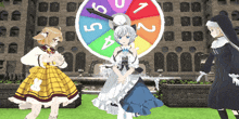 a girl in a white dress stands in front of a colorful spinning wheel with the numbers 1 through 9 on it