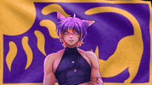 a drawing of a person with purple hair and a necklace
