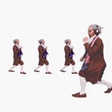 a man wearing headphones is dancing in a line with other men