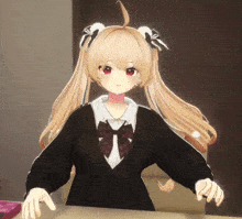 a girl with blonde hair and red eyes is sitting at a table with her hands outstretched
