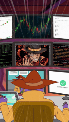 a cartoon of a witch sitting in front of a computer screen that says email sent on it