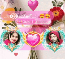 a picture of a man and a woman with a gold 1 couples emblem