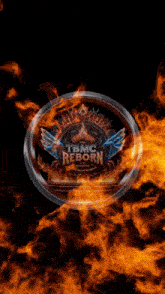 a logo for tbmc reborn with flames around it