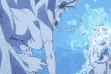 a close up of a person 's face in a cartoon with a blue background .