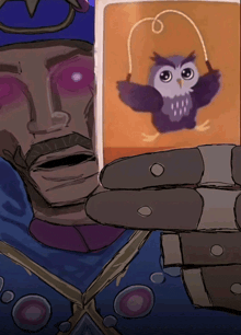 a drawing of a man holding a jumping rope and an owl