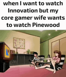 a family sits in a living room watching pinewood