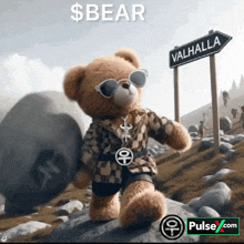a teddy bear is standing in front of a sign for valhalla