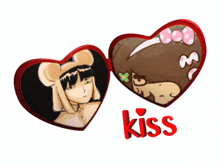 a picture of two hearts with the word kiss on it