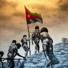 a painting of a group of people climbing a mountain with a flag in the background