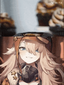 a close up of a girl with a vita logo in the corner