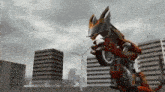 a robot is riding a motorcycle in a city with buildings in the background .
