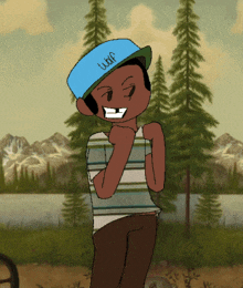 a cartoon of a boy wearing a blue hat with the word waf on it