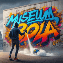 a person spray paints graffiti on a wall that says museum bola