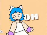 a cartoon girl with blue hair is standing in front of a yellow background that says honey honey honey