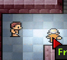 a pixel art drawing of a man standing next to a sign that says " fm "