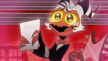 a cartoon character with big eyes is holding a piece of paper in his hand