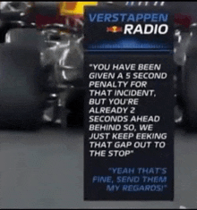 a sign that says verstappen radio on it in front of a car