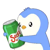 a cartoon penguin is holding a green soda can