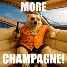 a polar bear sitting on a couch with a bottle of champagne