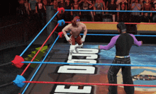 two wrestlers in a ring with a sign that says ecw