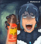 a cartoon character is holding a bottle of raid insect killer