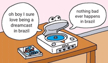 a cartoon of a sega dreamcast on a table with speech bubbles