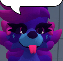 a purple and blue animal with a speech bubble behind it