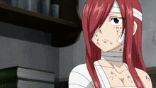 a girl with red hair has a bandage on her face and a tattoo on her chest