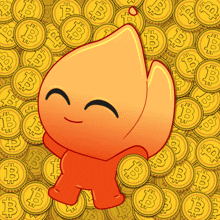 a cartoon character stands in front of a pile of gold coins with the letter b on them