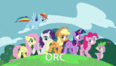 a group of ponies standing on top of a hill with the word orc written below them