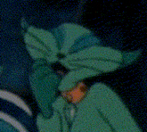 a close up of a cartoon character in a green coat