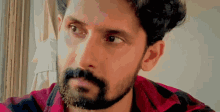 a man with a beard is wearing a plaid shirt and looking at the camera