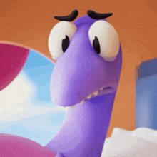 a close up of a purple cartoon character with a big mouth