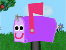 a purple mailbox with a red flag on top