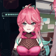 a girl with pink hair is standing in front of a twitter sign