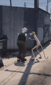 a pink panther is standing next to a cartoon character on a sidewalk .
